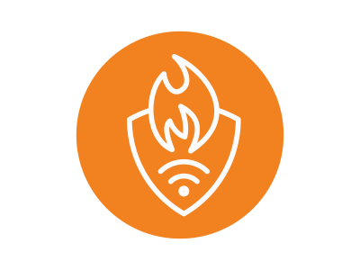 Kreis in Orange mit einem weißen Icon: Schutzschild mit einem WLAN Symbol und einer Flamme