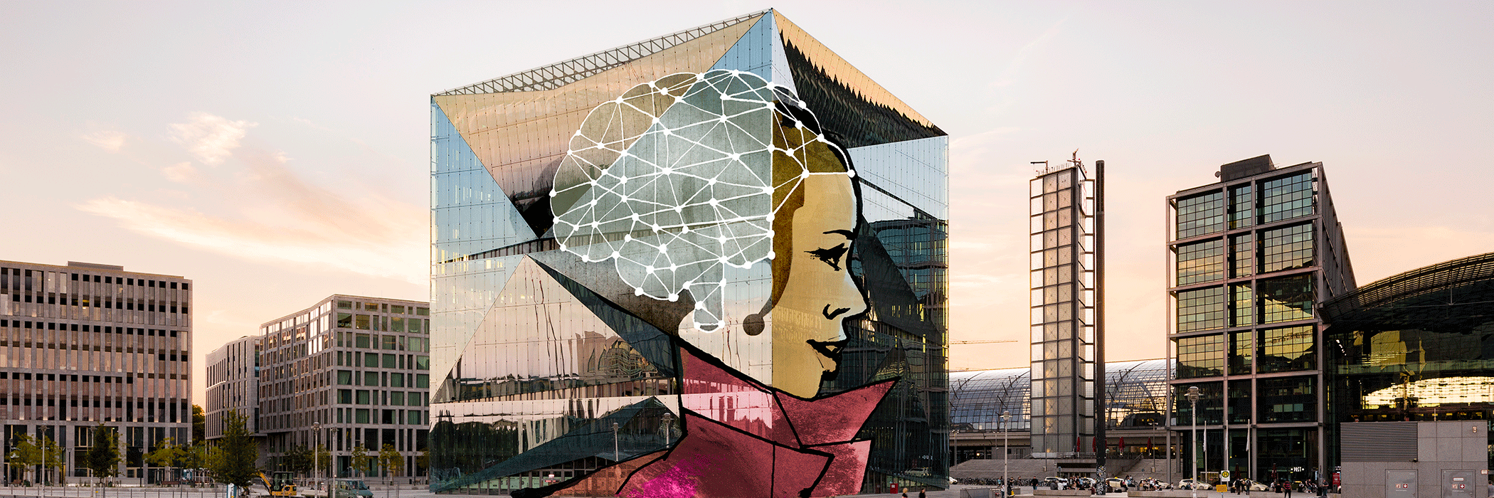 Cube am Berliner Hauptbahnhof mit einer Person mit Netzstruktur