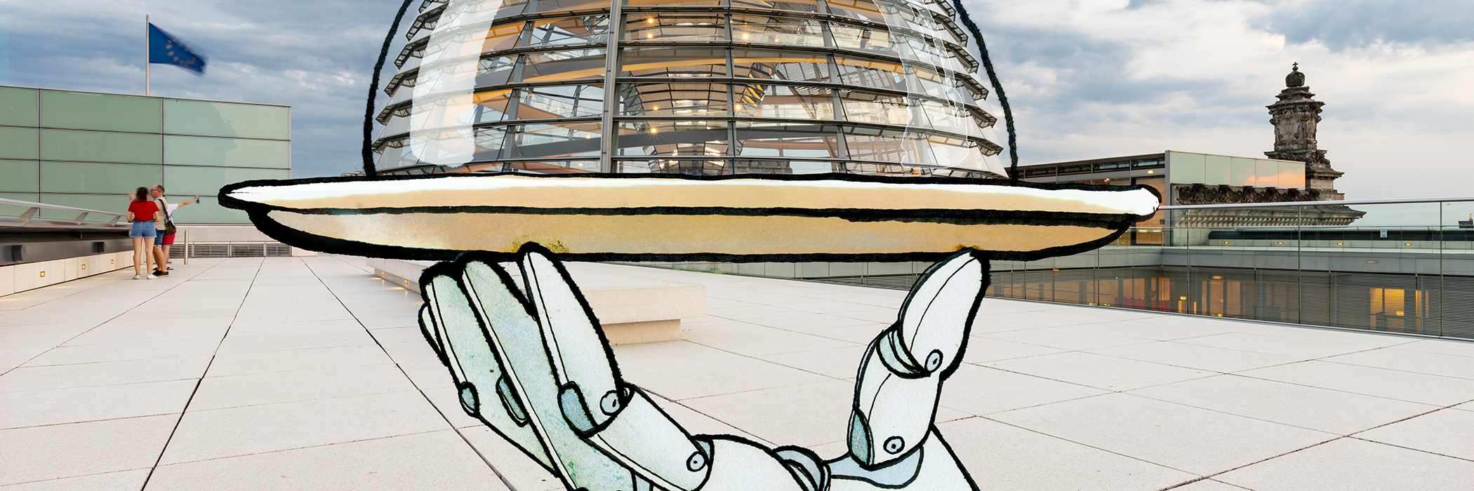 Roboterhand mit Tablett auf dem Dach des Reichstags mit der Kuppel