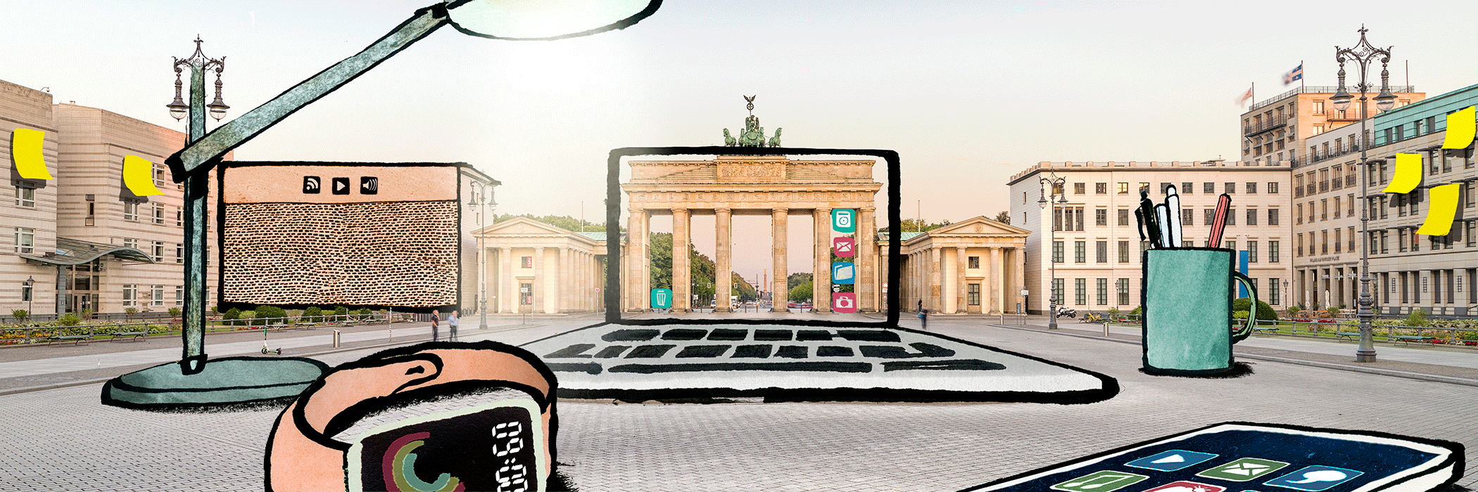 Schreibtischutensilien auf dem Pariserplatz mit Brandenburger Tor in Berlin