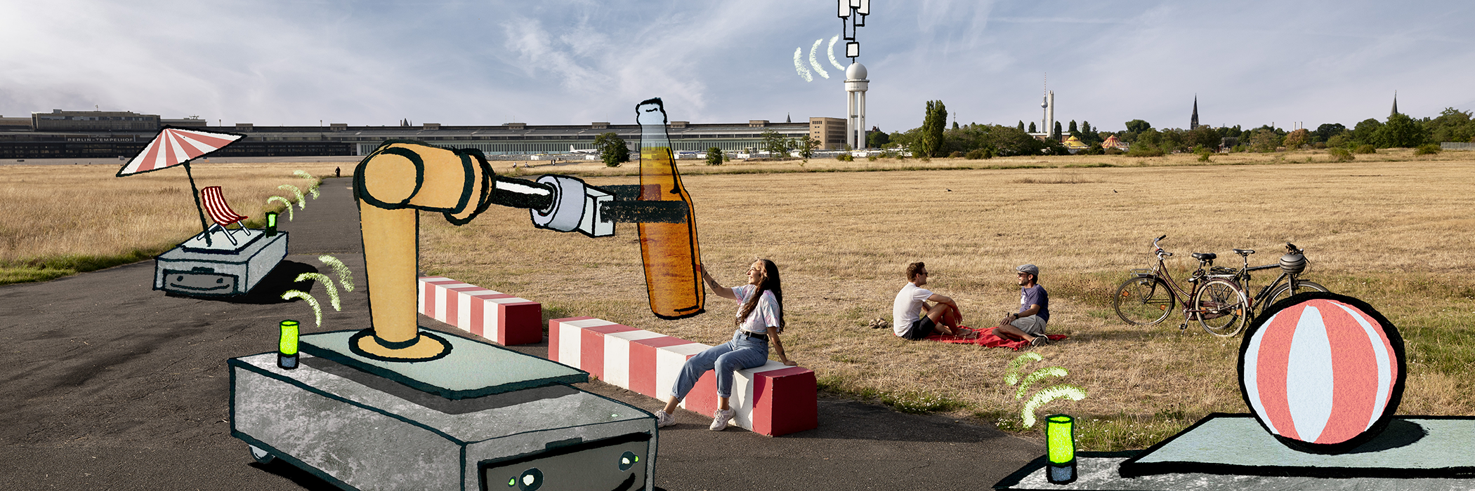 Lieferroboter mit Getränken und Sonnenschirmen auf dem Tempelhofer Feld in Berlin