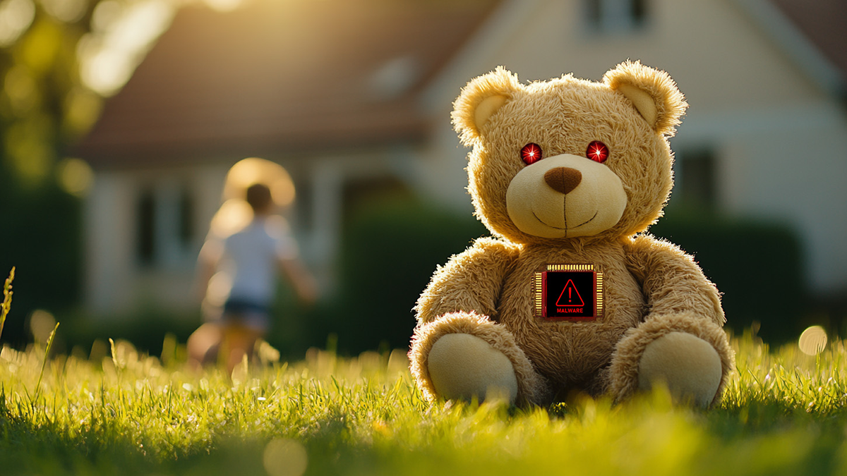 Teddy bear in a garden with an implanted chip displaying a maleware warning