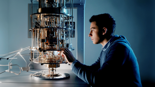 An AI-generated image of a man working on a quantum computer on a desk
