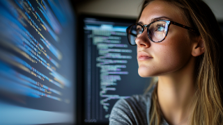 An AI-generated image of a woman with glasses looking at code on a monitor