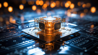 Quantum chip, part of quantum computer. How quantum technology may look-like. Technology and science concept image