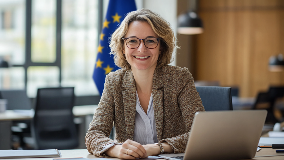 SQC, Projekte: EU-SEC Eine Frau mit Brille sitzt an einem Schreibtisch mit aufgeklapptem Laptop, im Hintergrund ein Konferenztisch und eine EU-Flagge